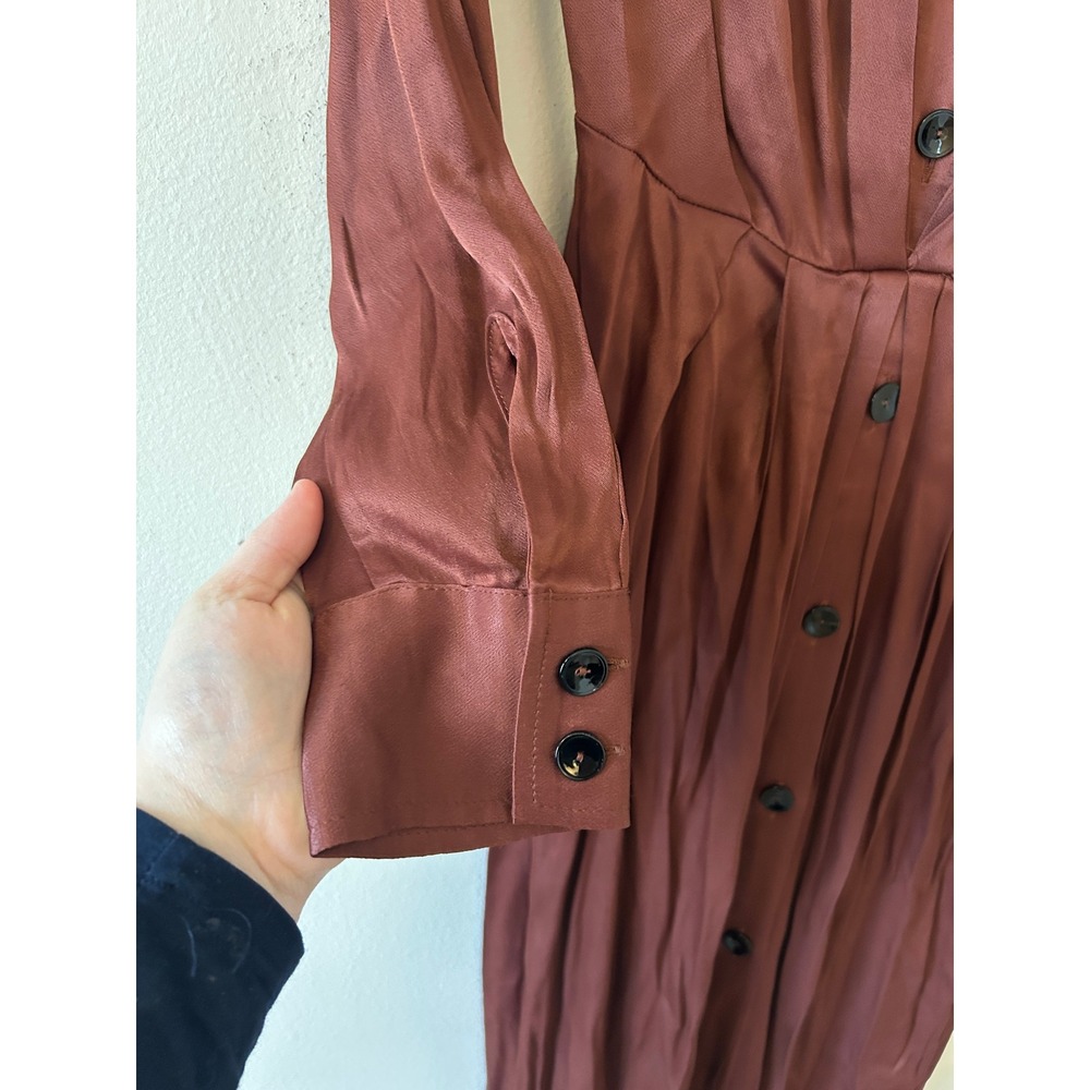 MNG Brown Satin Long Sleeve Button Front Midi Shirt Dress Size S - Picture 7 of 11